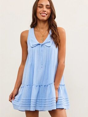 Light Blue Front-Tie Collar Ruffle Hem Dress